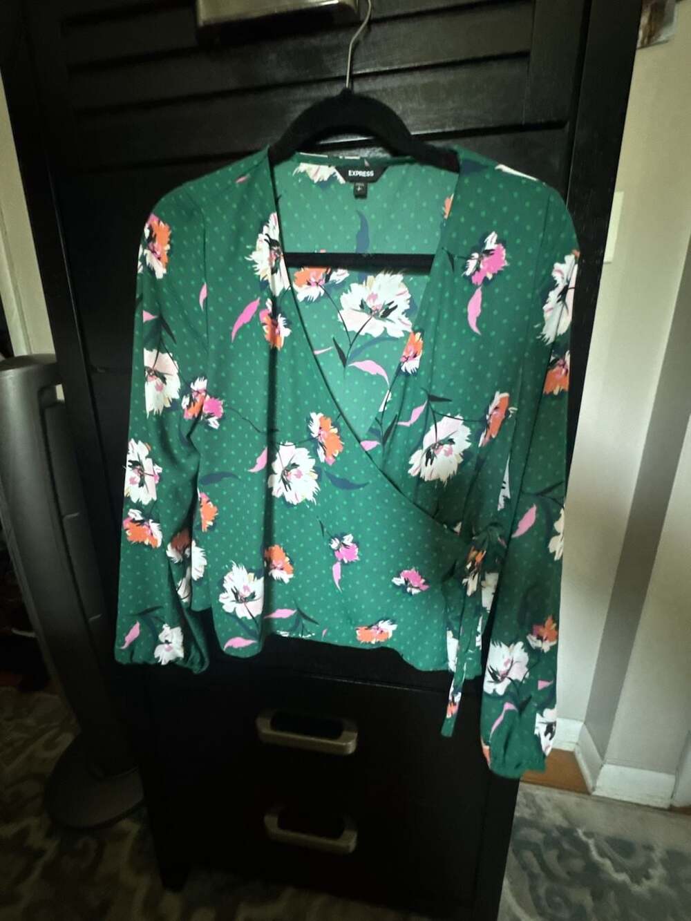 Express Green Floral Long Sleeve Faux Wrap Blouse
